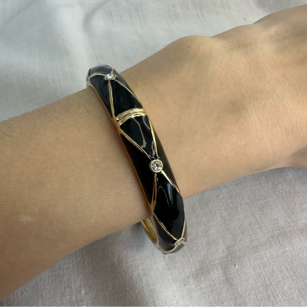 Black Enamel, Gold Tone and Rhinestone Hinged Bangle Bracelet